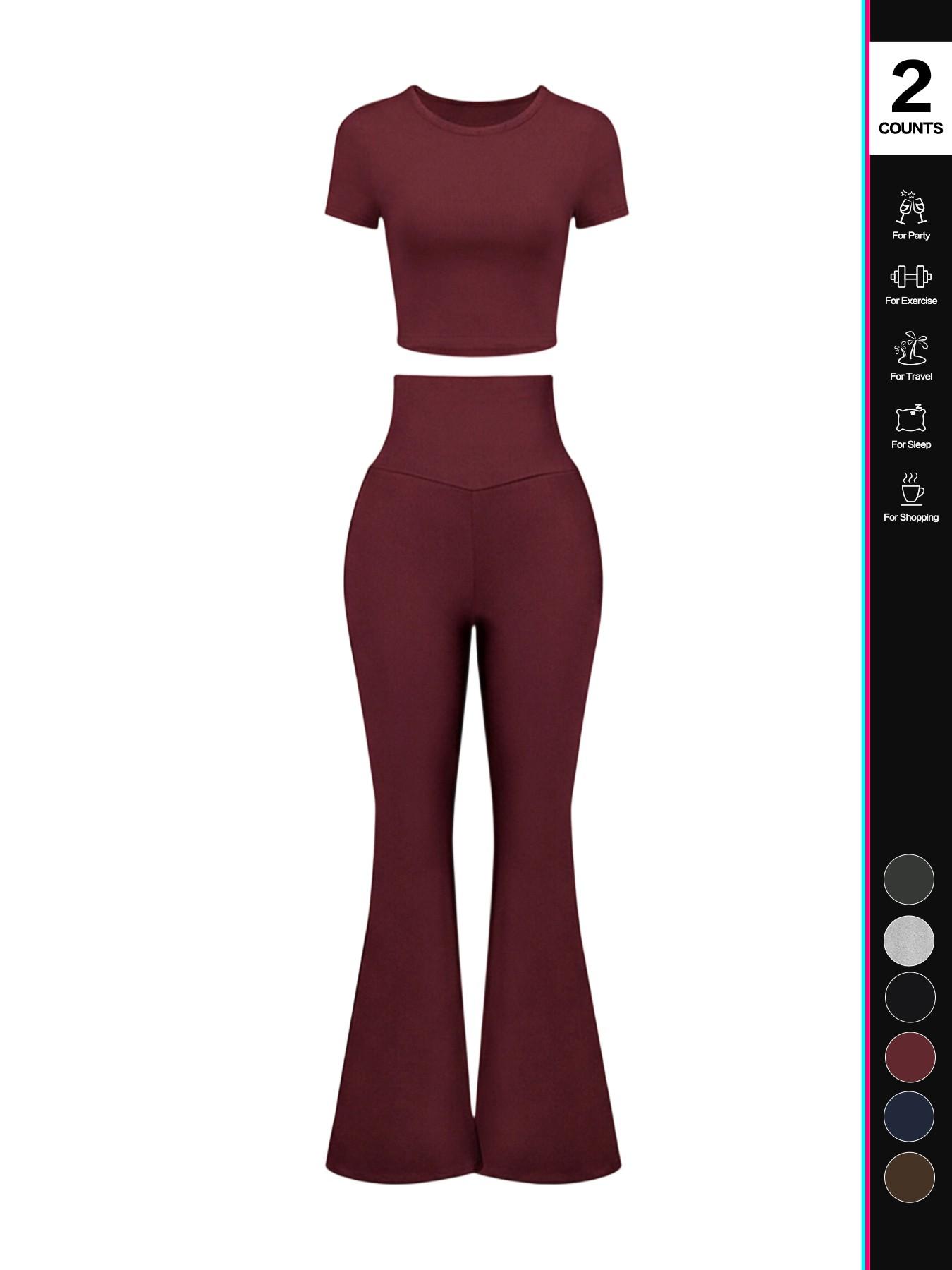 Women's High Waisted Flare Pants Set, 2 Piece, Short Sleeve Cropped T-Shirt Top, Bell Bottom Workout Sets, Casual Fashion, Athleisure Wear