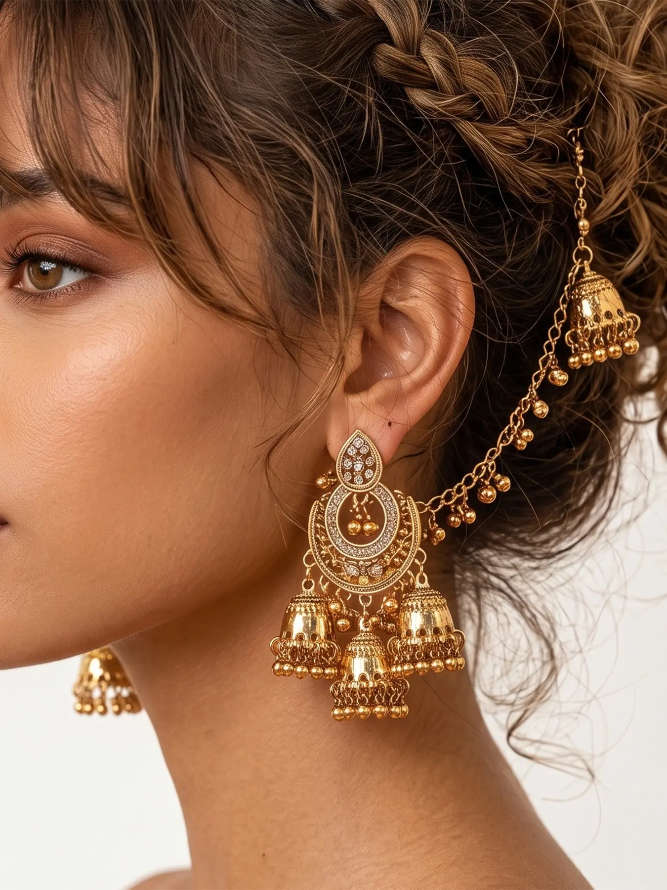 1 Pair Gold Indian Jhumka Earrings with Hair Chain for Women, Vintage Bahubali Multi Bell Drop Dangle Earrings Sahare Kanchain Headpiece, Bollywood Bridal Wedding Festival Accessories