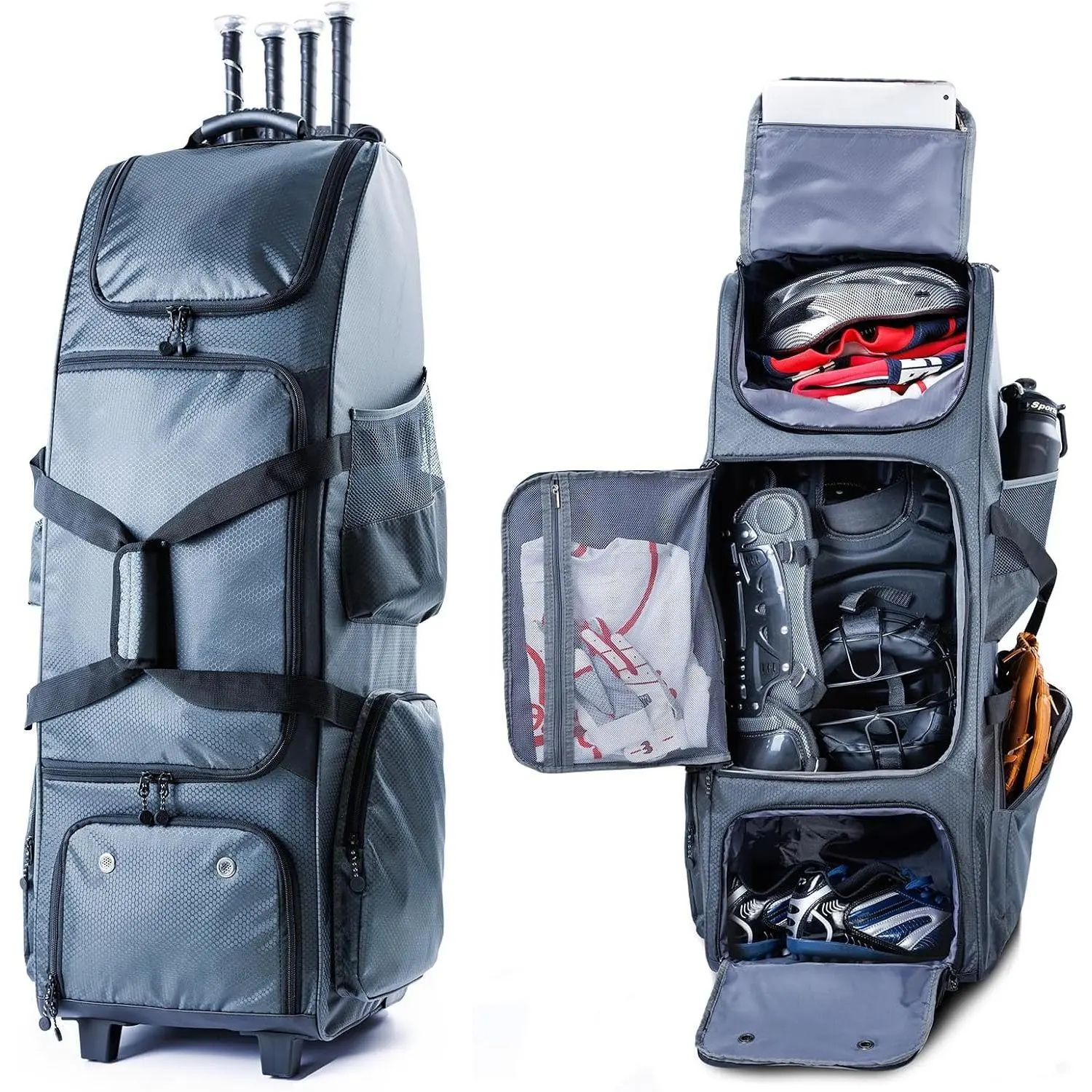Upgraded Rolling Baseball Bag with Sturdy Hard Backing - Large Softball Bag with Wheels for 4 Bats, Large Team Equipment Duffle Bat Bag, Catcher Gear Bag for Boys 8-12, Youth, Adults