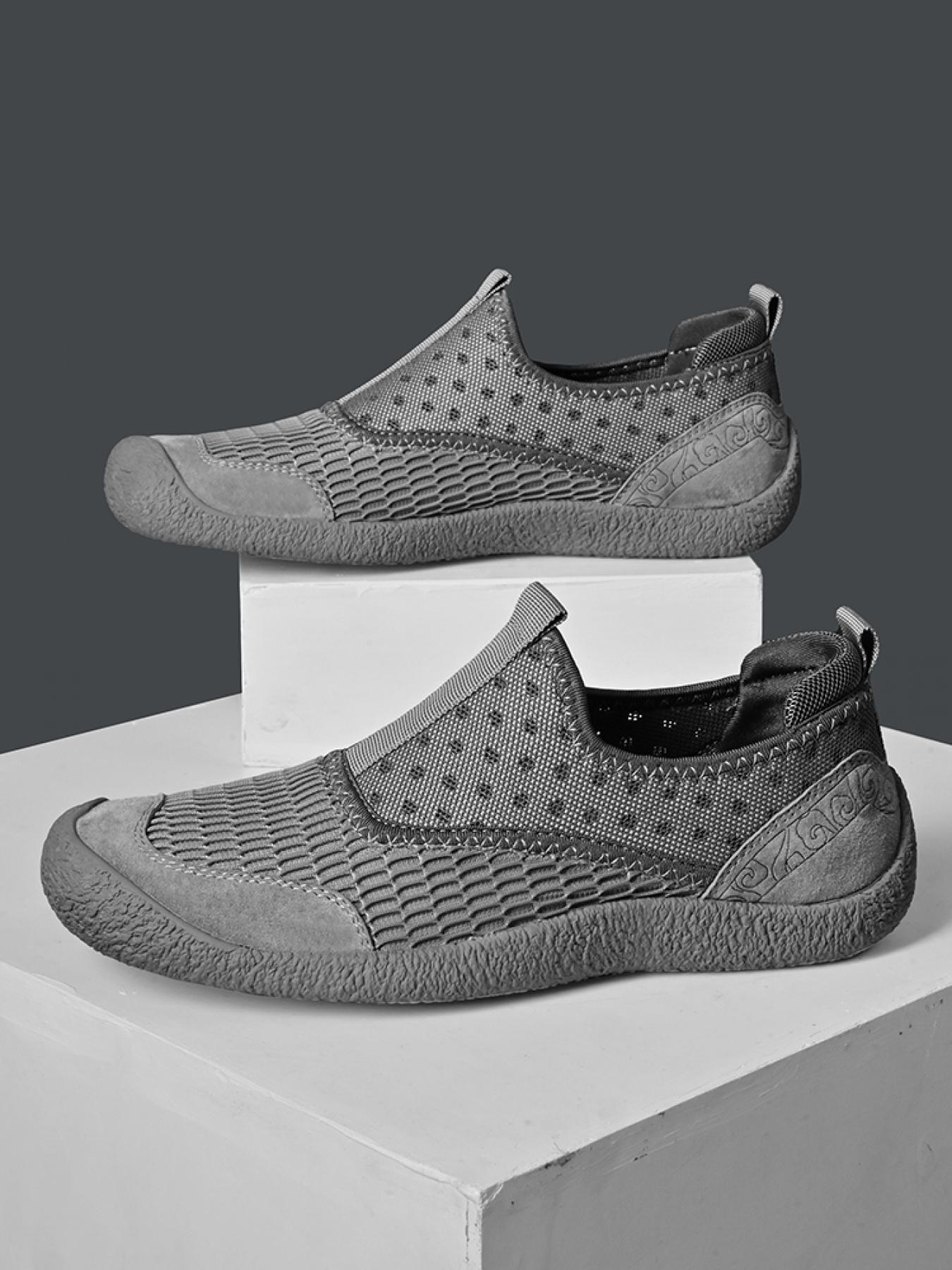 Men's Solid Color Mesh Breathable Slip-On Loafers, Soft Sole Anti-Slip Hand-Stitched Walking Shoes, Lightweight Casual Dad Shoes