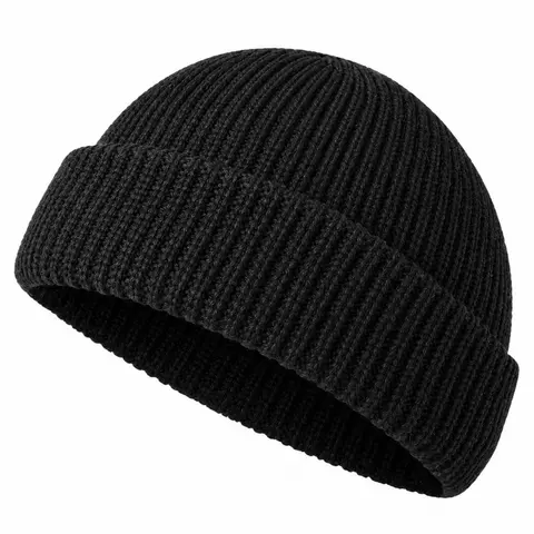 Unisex Ribbed Knit Beanie, Folded Edge Winter Hat, Stretchy Knitted Cap, Black, Fits Head Circumference 56-62 Cm (22-24.4 Inches)