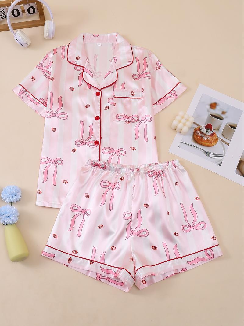 Women's Butterfly Print Sleepwear Set, Elegant Home Clothing for Valentine's Day, Shirt Collar Short Sleeve & Elastic Shorts