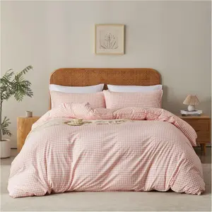 Gingham Duvet Cover Set Queen 3 Pieces Pink White Checkered Comforter Cover Reversible Microfiber Washed Cotton Bedding Zipper Ties 2 Pillowcases Breathable Soft Farmhouse Style Cozy Decor