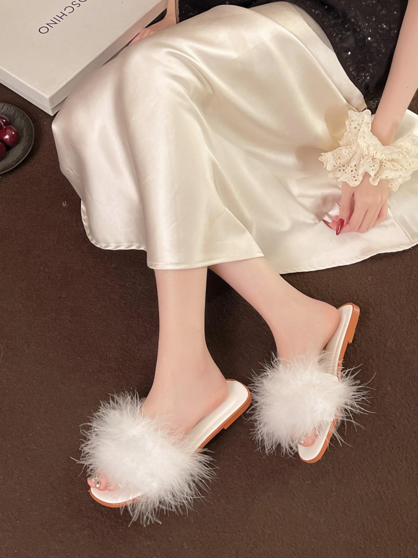 Women's New Plush Slippers, Indoor Outdoor Wear, Fashion Low Heel Wedding Bridesmaid Slippers, Comfortable Textile Upper, Elegant Style