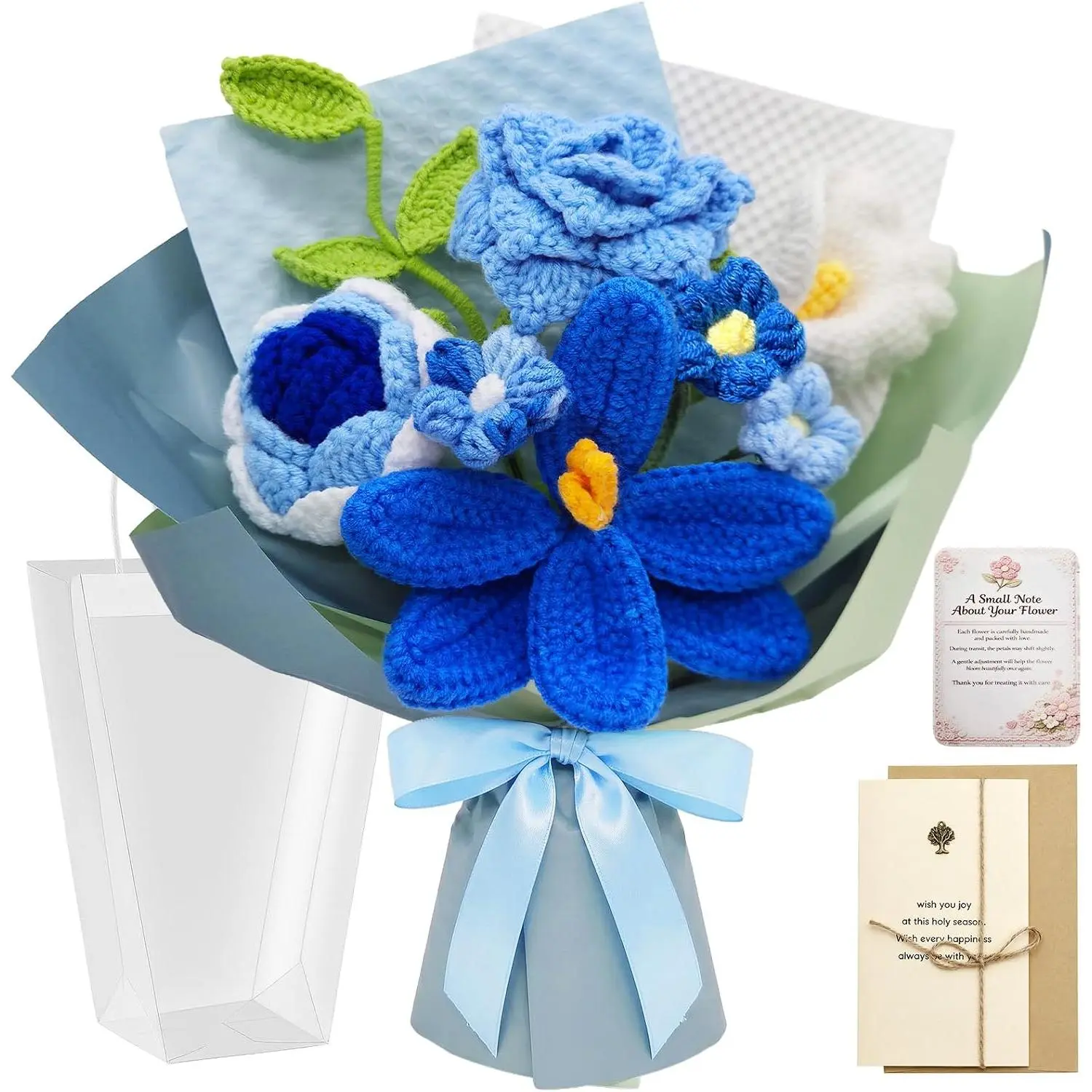 Handmade Blue Crochet Flower Bouquet, Gift-Ready Home Decor for Gifting to Him