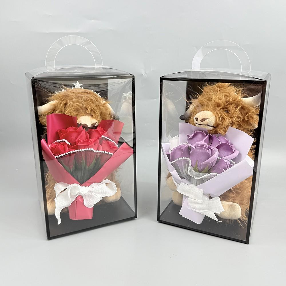 Highland Cow Plush Doll with Everlasting Realistic Flower Bouquet, Perfect Decorative Plush Doll, Valentine's Day Gift, Mother's Day Gift, Best Gift for Grandma