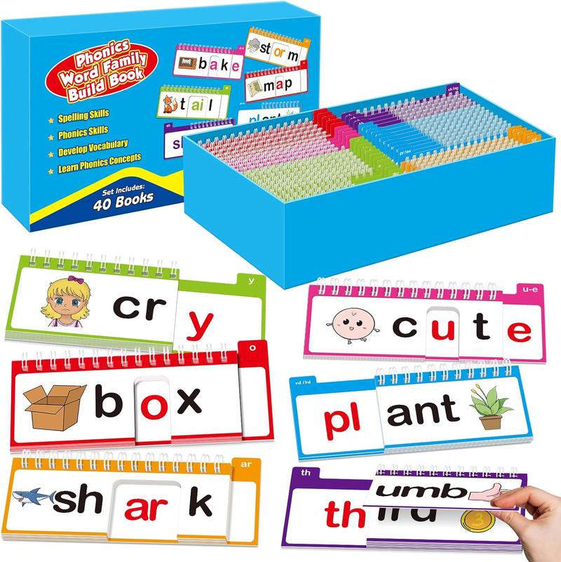 40 Phonics Word Family Build Book, Read and Rhyme Flip Book,Phonics Flash Cards, Learn to Read Phonics Games, Sight Word Flash Cards for Learning Activities