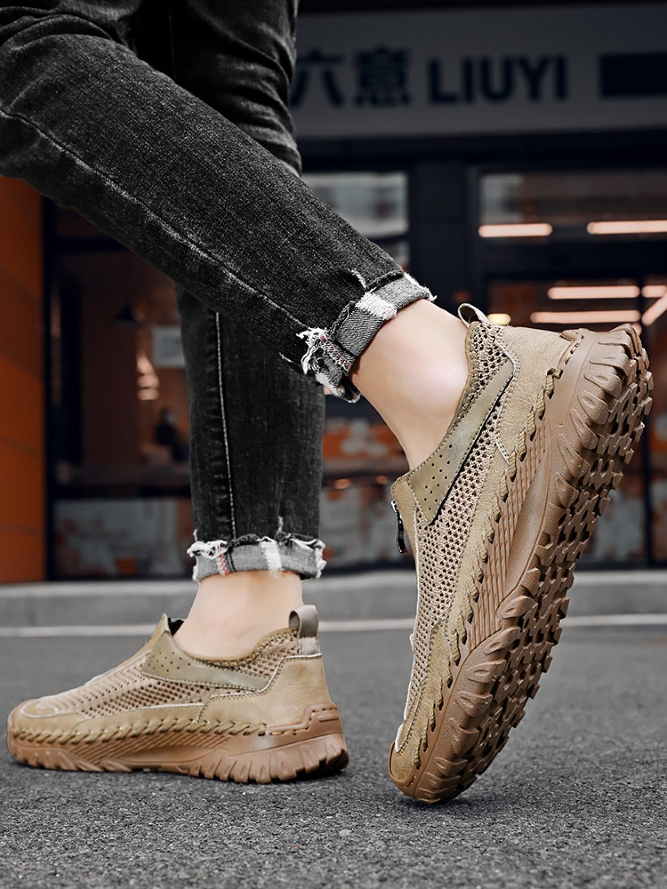 Men's Solid Color Mesh Zipper Toe Casual Shoes, Soft Sole, Non-Slip, Hand-Stitched, Breathable Slip-On Lazy Dad Shoes