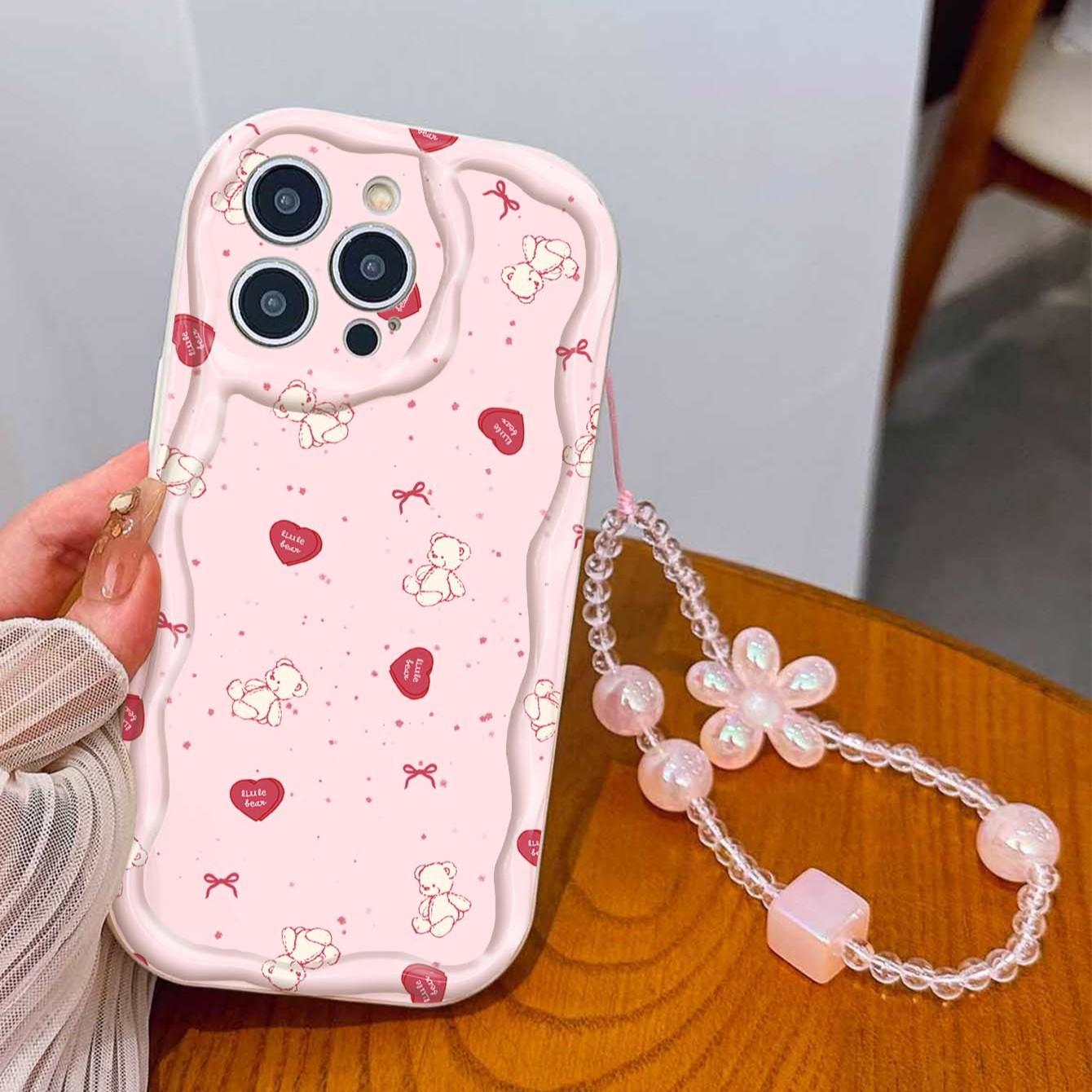 Bear Heart Lanyard Pattern Tpu Wave Edge Anti-Drop Phone Case for Apple iPhone 17 Pro Max/16/16 Pro Max/11/13/14/15, Girl's Gift