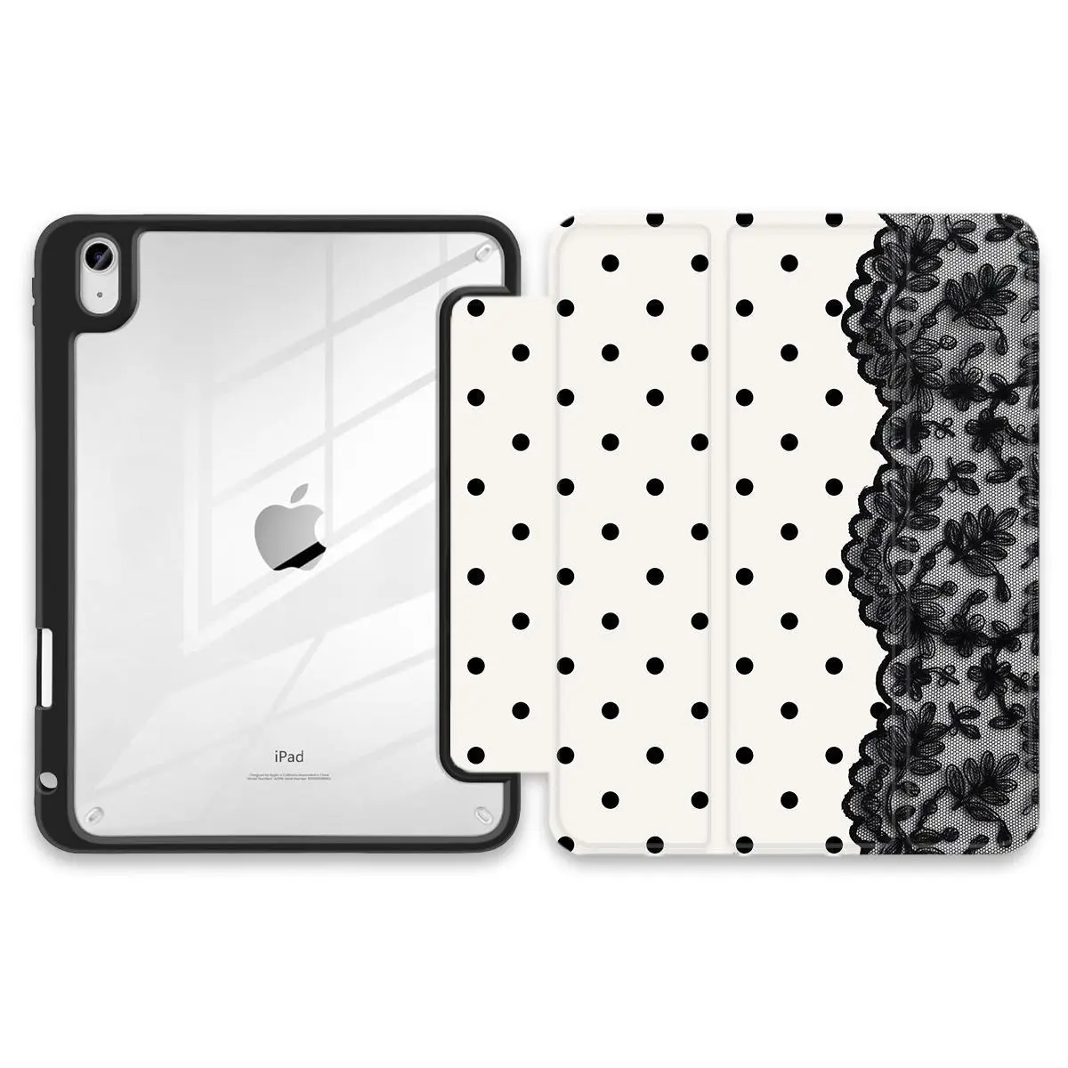 Lace Tri-Fold iPad Case with Apple Pencil Holder, Silk Mocha Texture Folio Cover, Polka Dot Black Lace Pattern, Rigid PC Hard Back Shockproof Protective Case for iPad Series