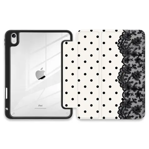 Lace Tri-Fold iPad Case with Apple Pencil Holder, Silk Mocha Texture Folio Cover, Polka Dot Black Lace Pattern, Rigid PC Hard Back Shockproof Protective Case for iPad Series