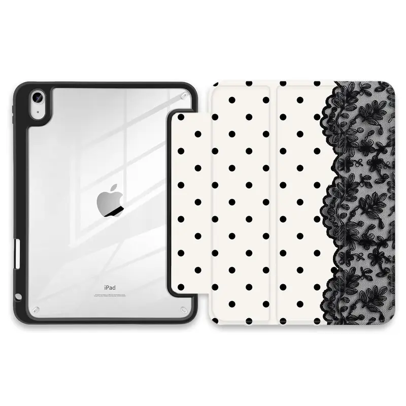 Lace Tri-Fold iPad Case with Apple Pencil Holder, Silk Mocha Texture Folio Cover, Polka Dot Black Lace Pattern, Rigid PC Hard Back Shockproof Protective Case for iPad Series
