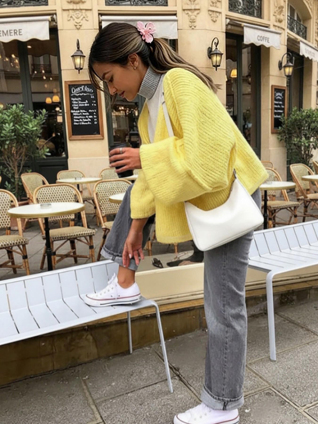 Gentle macaron-style V-neck knit cardigan, Knitwear, creamy yellow solid color, ribbed chunky knit, batwing loose sleeves, soft & cozy, Spring/fall layering essential, perfect for coffee dates, casual outings, sweet romantic vibe, Daily warm wrap-style