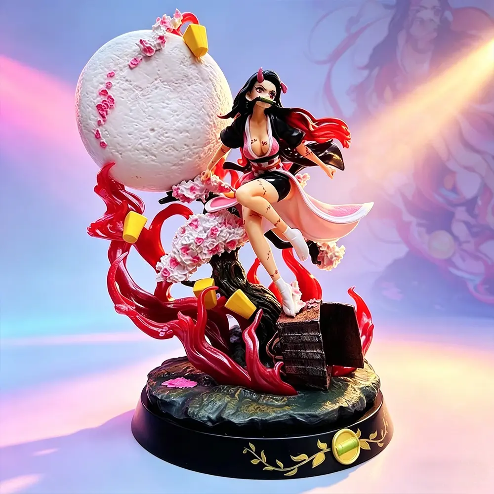 One Piece Demon Slayer Nezuko Kamado Figure, Blood Demon Form with Moon，Nezuko Collectible Statue, Battle Form with Cherry Blossom & Base，Nezuko Anime Figure, Demon Slayer Collectible for Fans & Display, PVC Figures
