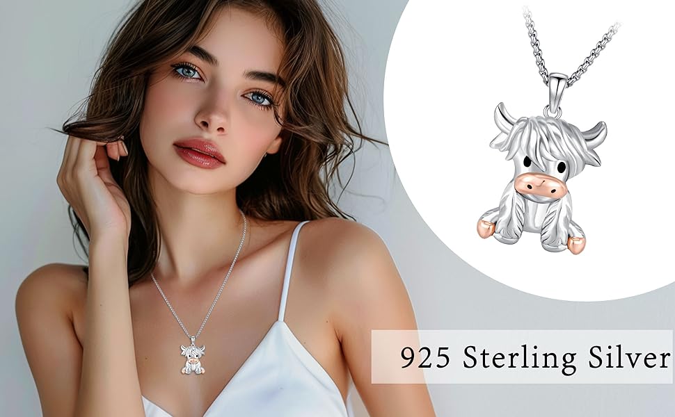 DRINSPER Highland Cow Necklace 925 Sterling Silver Trendy Cow Necklace for Women Fashion Jewelry Gift for Birthday Christmas for Daily Wear Cute Jewelry for Girls