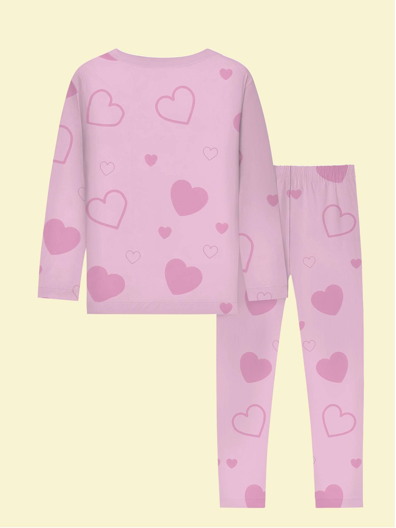 Capybara with full print of foundation love heart, cute 2-piece girls' digital printed long-sleeve pajamas with extended pants, made of flame-retardant fabric. A stylish, trendy, casual, comfortable and soft pajama set, suitable for sleeping and