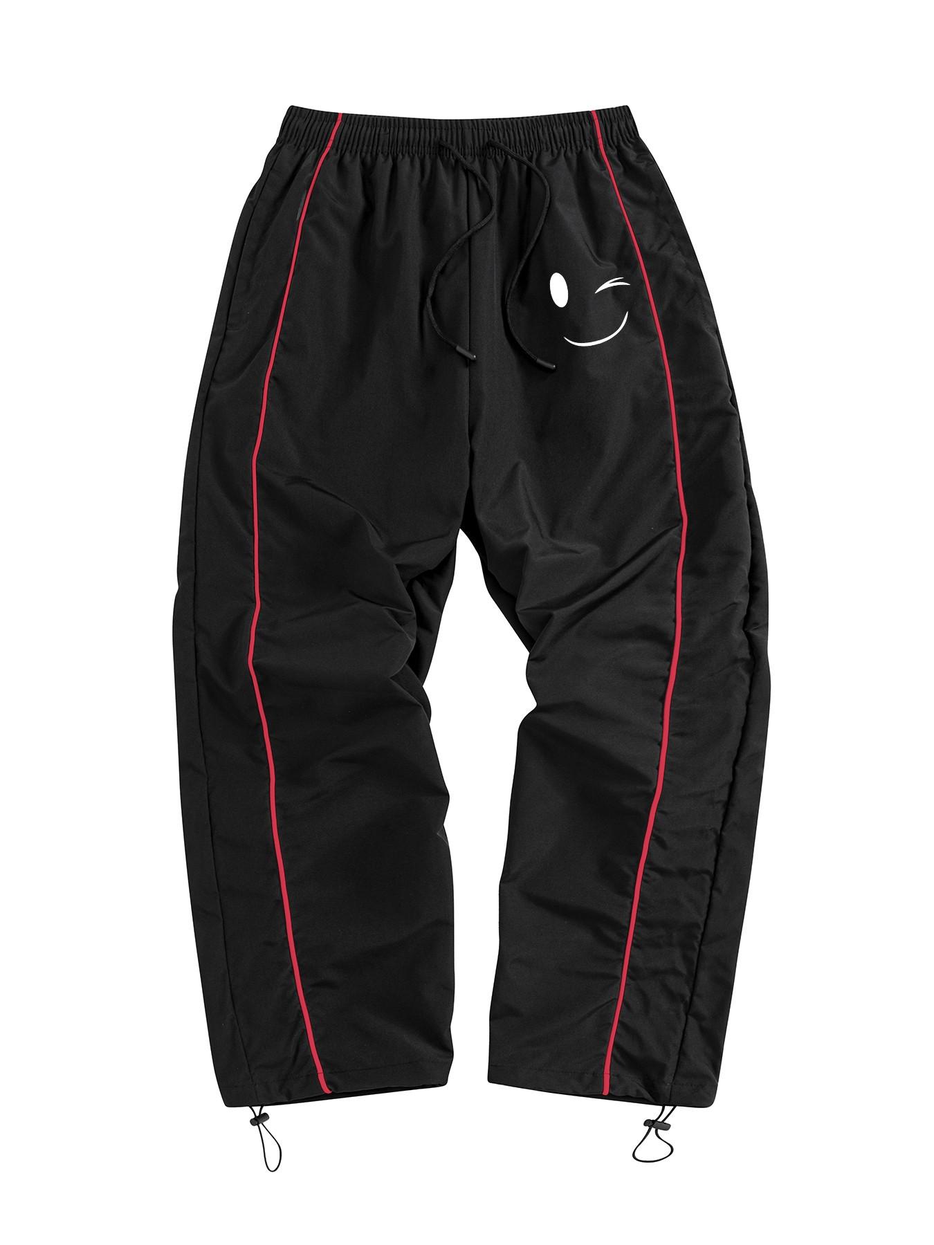 Vintage Streetwear Men Side Stripe Track Pants Drawstring Elastic Waist Adjustable Hem Minimalist Wink Smiley Face Graphic Print Daily Casual Sport Trousers