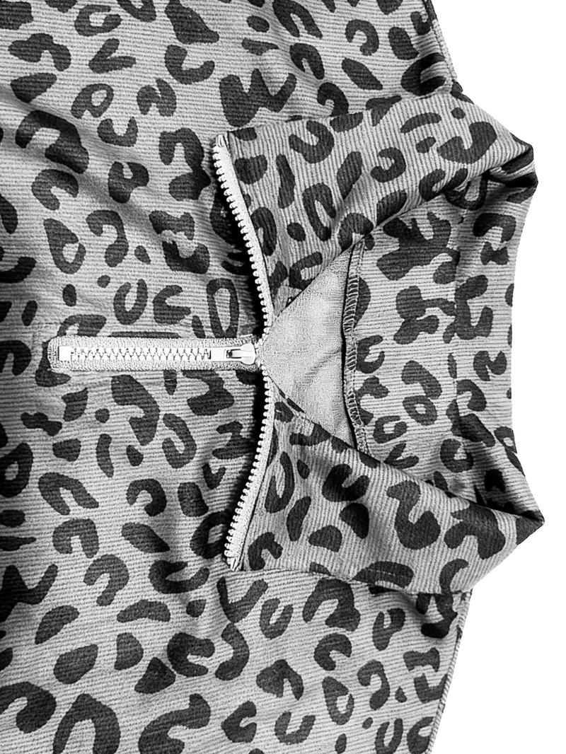 Plus Women Leopard Print Long Sleeve Casual Sweatshirt – Half-Zip V-Neck & Puff Sleeves Design, Perfect for Y2K Grunge or Casual Lazy Vibes, Soft Knit Fabric with Contrast Trim