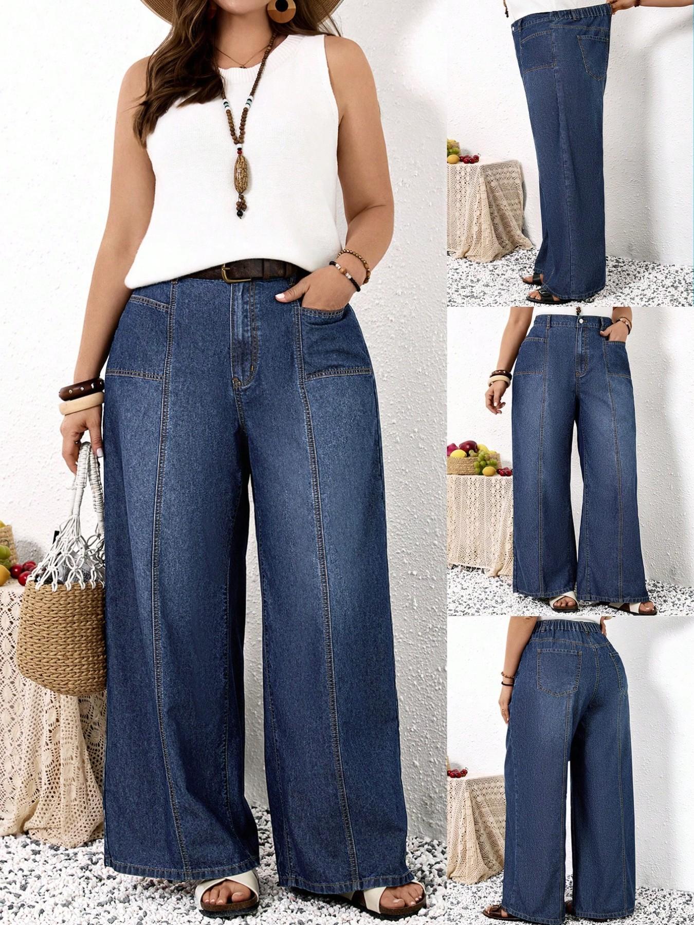 Plus Size Wide Leg Jeans, High Waist Elastic Back Jean with Pockets, Loose Fit Daily Casual Wear, All Seasons Patchwork Design