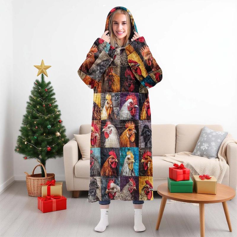 hoodie blanket，Wearable Blanket，Hooded Blanket Wearable Throw, Farm Patchwork Rooster Print Hoodie Blanket, Soft Warm Flannel Blanket for Sofa Home Leisure Air Conditioning Nap Office Bed Camping Travel Gift，Christmas Gift,Valentine's Day gift