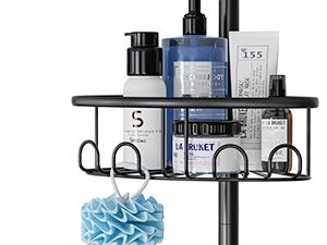 4 Tier Adjustable Corner Shower Caddy – Stainless Steel Rustproof Bathroom Organizer, No-Drill Tension Pole (47-121 Inch), Heavy-Duty Shelves & Hooks for Shampoo, Loofah, Bathtub Shampoo Storage – Quick Assembly, Black Rack