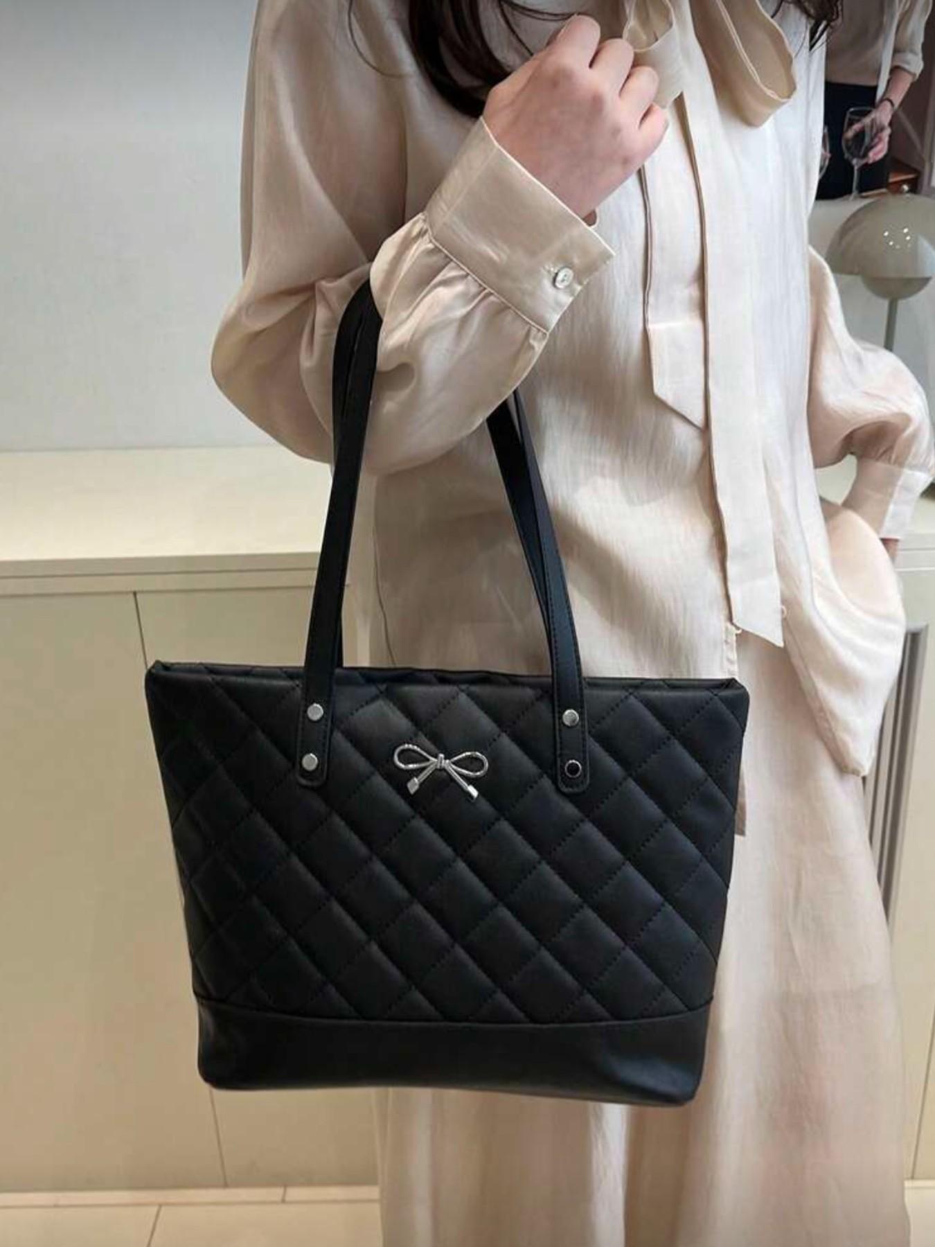 Large Capacity Diamond Pattern Solid Color Bow Handbag, Casual Simple Fashion Tote Bag, Quilted Work Bags, 2026 New Women's Stylish Bow Wallet