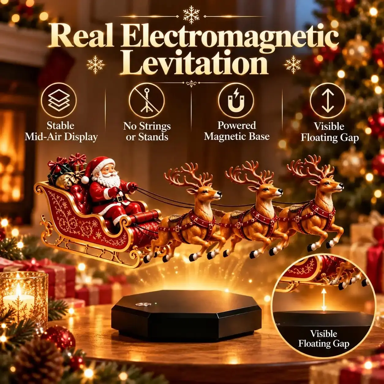 Magnetic Levitating Santa Sleigh Christmas Decoration Floating Santa And Reindeer Tabletop Decor Holiday Centerpiece Gift For Home Office Festive Indoor Ornament For Winter Holiday Party Desktop Display Unique Xmas Present For Family Friends