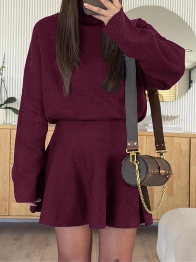 Women's Casual Half-High Neck Long Sleeve Knit Dress, Plain Color Loose-Fitting Sweater Dress, Fall & Winter Fashion