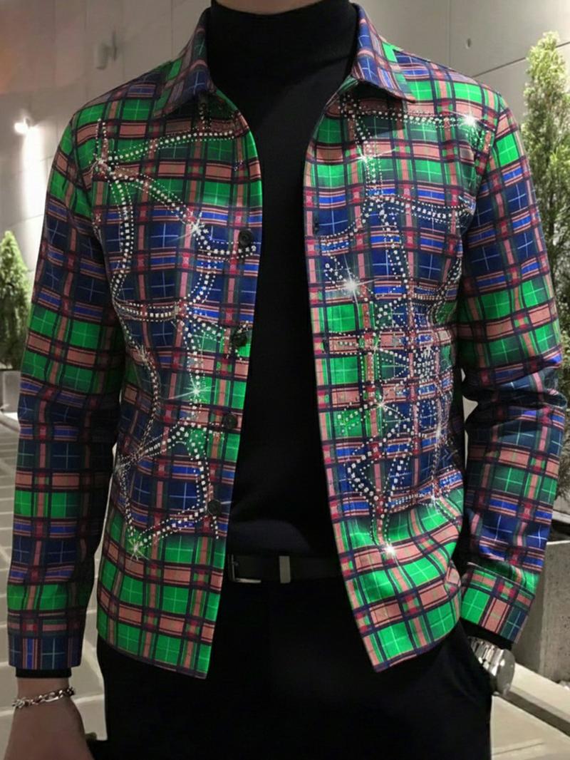 Men's Vintage Plaid Shirt with Rhinestones, Street Style Fashion, Casual Long Sleeve, Soft Comfortable Fabric, Casual Stylish Menswear