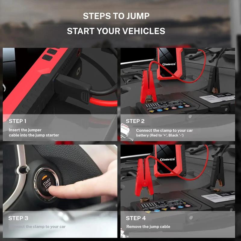 Portable Car Jump Starter (6400mAh / 8000mAh) with Air Compressor, Fast USB Charging and Multiple Safety Protections, Includes Jumper Cables, Car Tool Kit