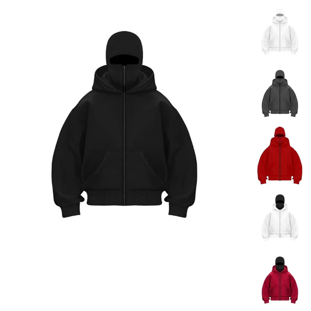 Balaclava Full-Zip Hooded Sweatshirt with Built-In Full-Coverage Face Mask and Front Pockets, Unisex Polyester Long-Sleeve Hoodie, Winter Outdoor Streetwear Casual Warm Top