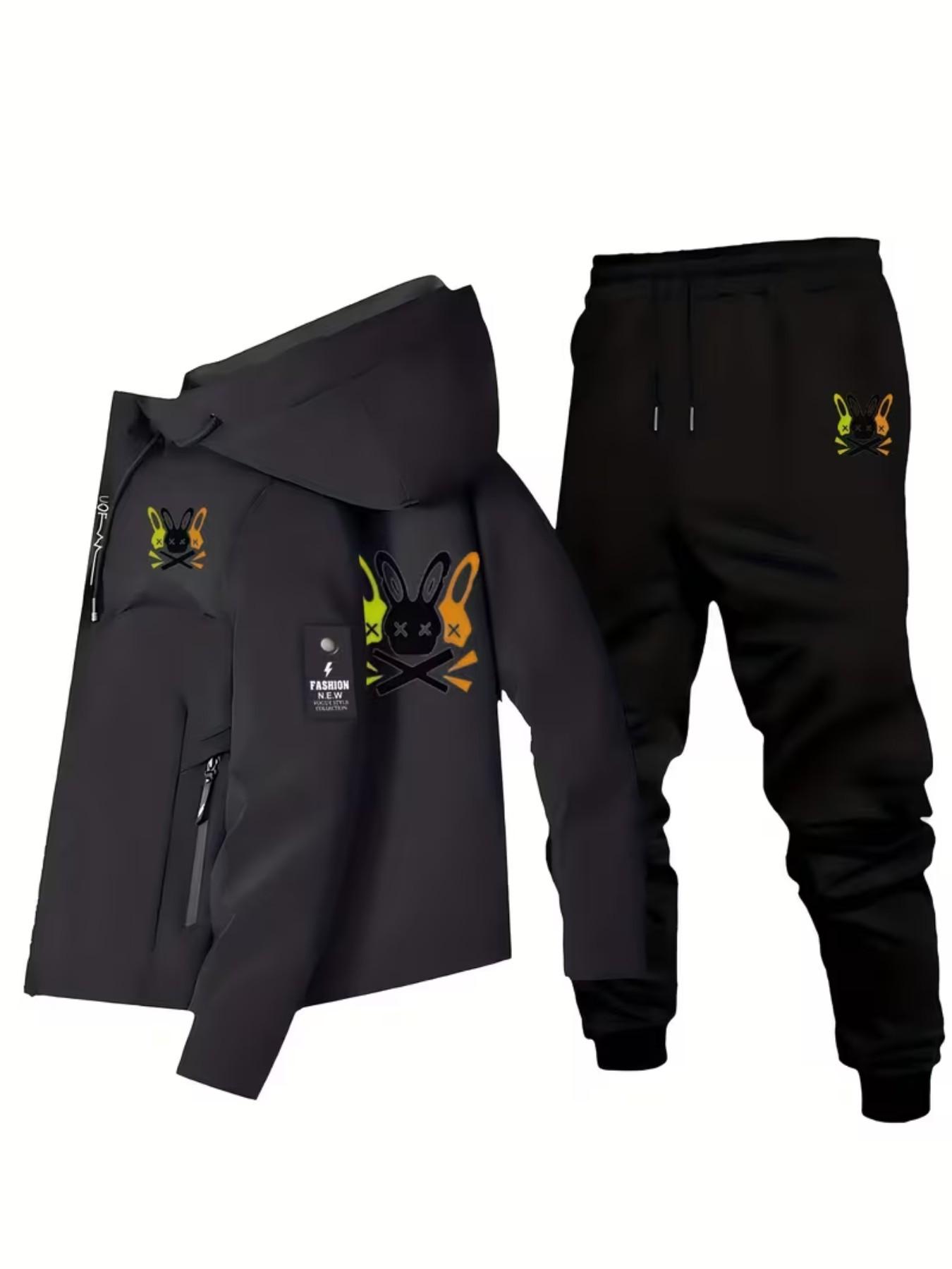 Men's Casual Rabbit Print Outdoor Jacket Set, Camping Hiking Fitness Daily Commute Breathable Durable Mountain Wear