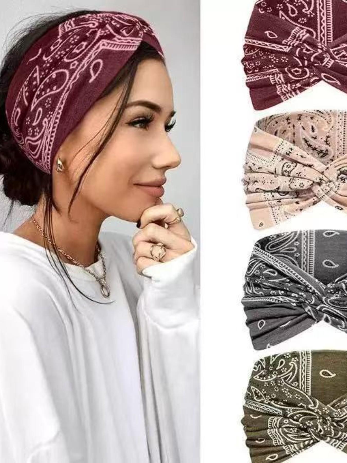 Women's Hairbands 4 Pack, Wide Thin Elastic Boho Dye Knot Headbands, Vintage Style for Sports Yoga Makeup Spa, Fashion Accessories