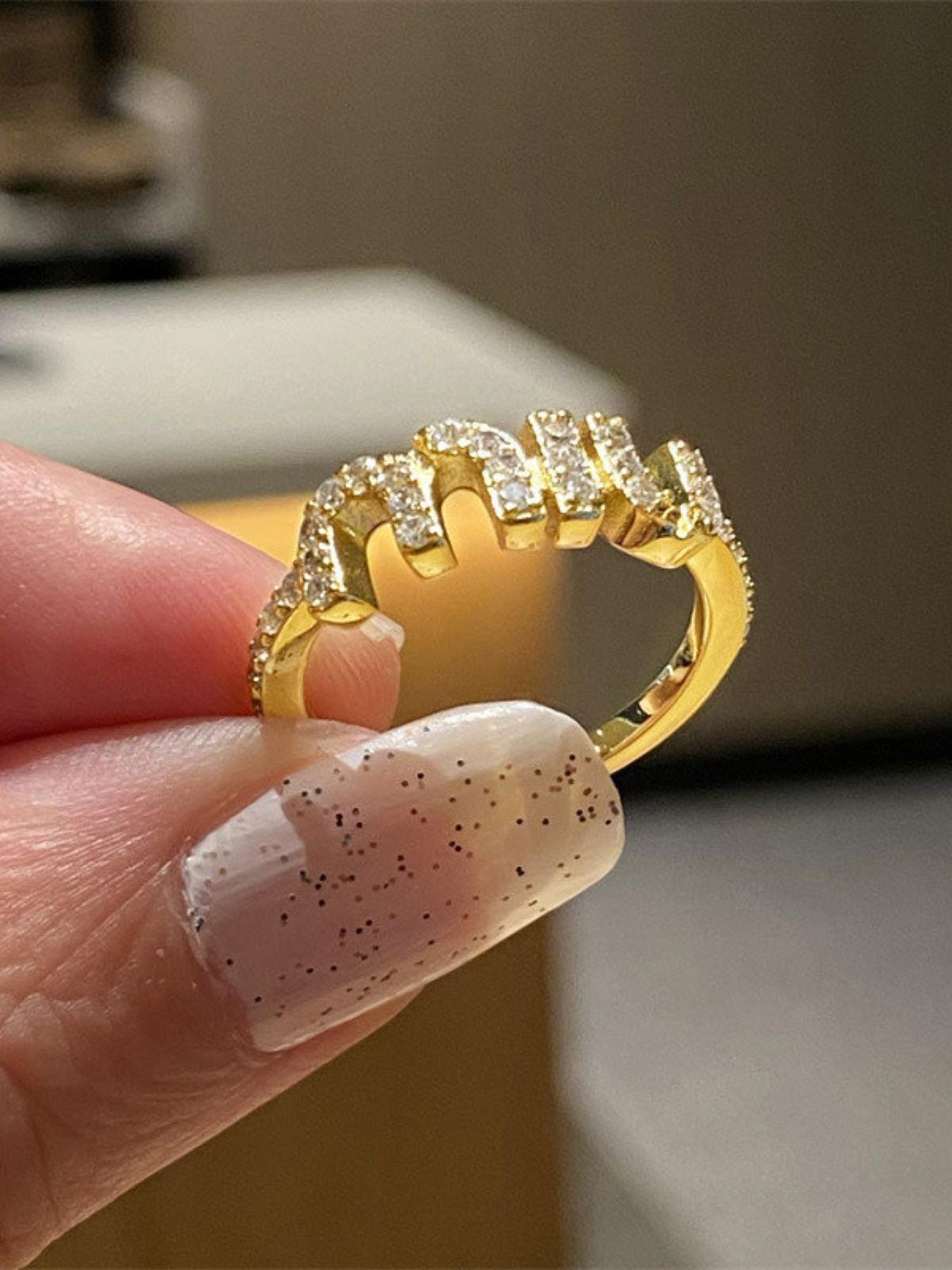 Women's Elegant Adjustable Zircon Letter Ring, Fashionable Open Design, Perfect for Daily Wear & Commuting, Stylish Jewelry Gift Idea, Unique Rings