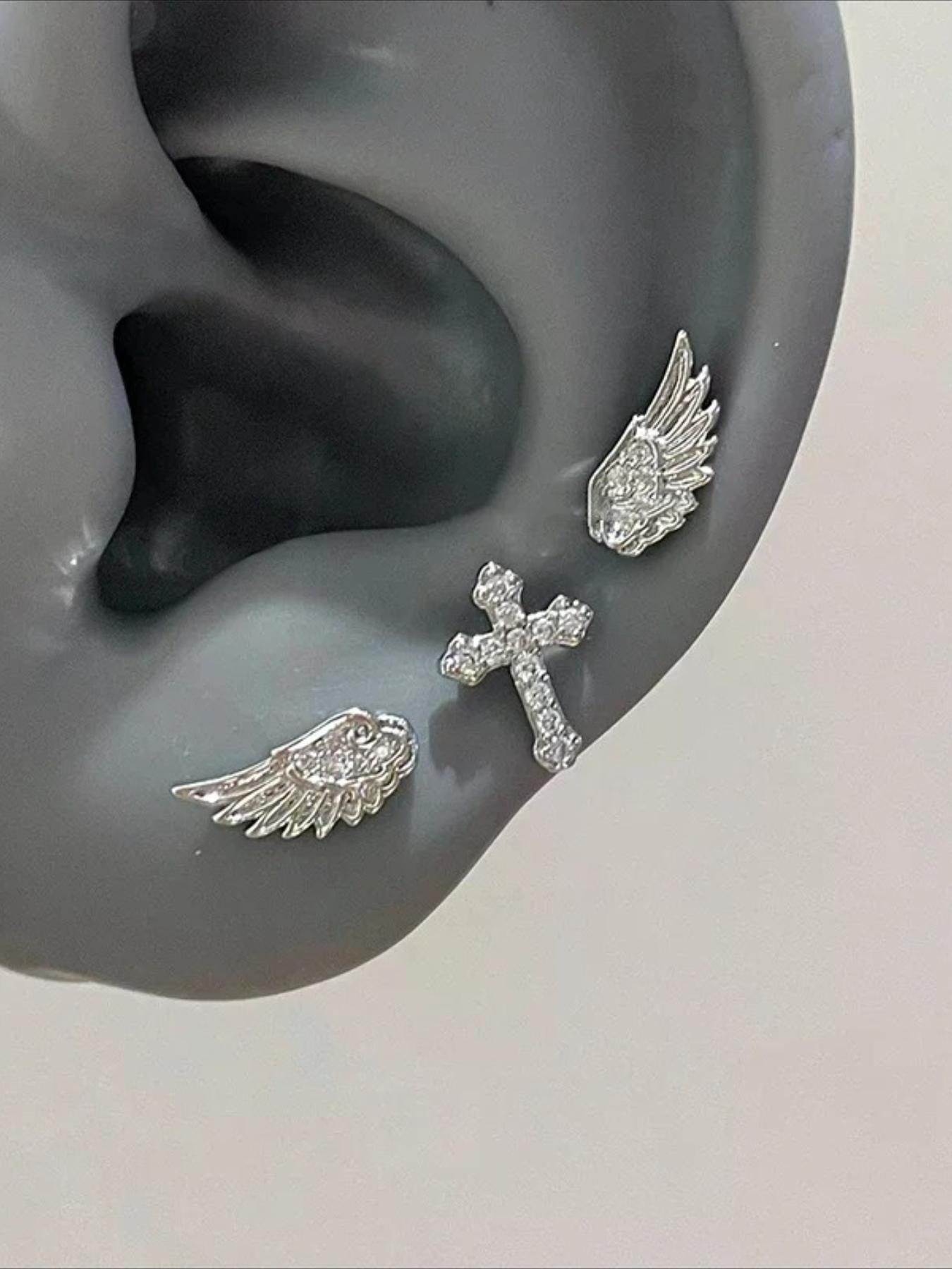 Trendy Unique Design Feather Wings Zircon Mini Earrings, Simple Personalized Women Party Daily Versatile Screw Back Ear Studs