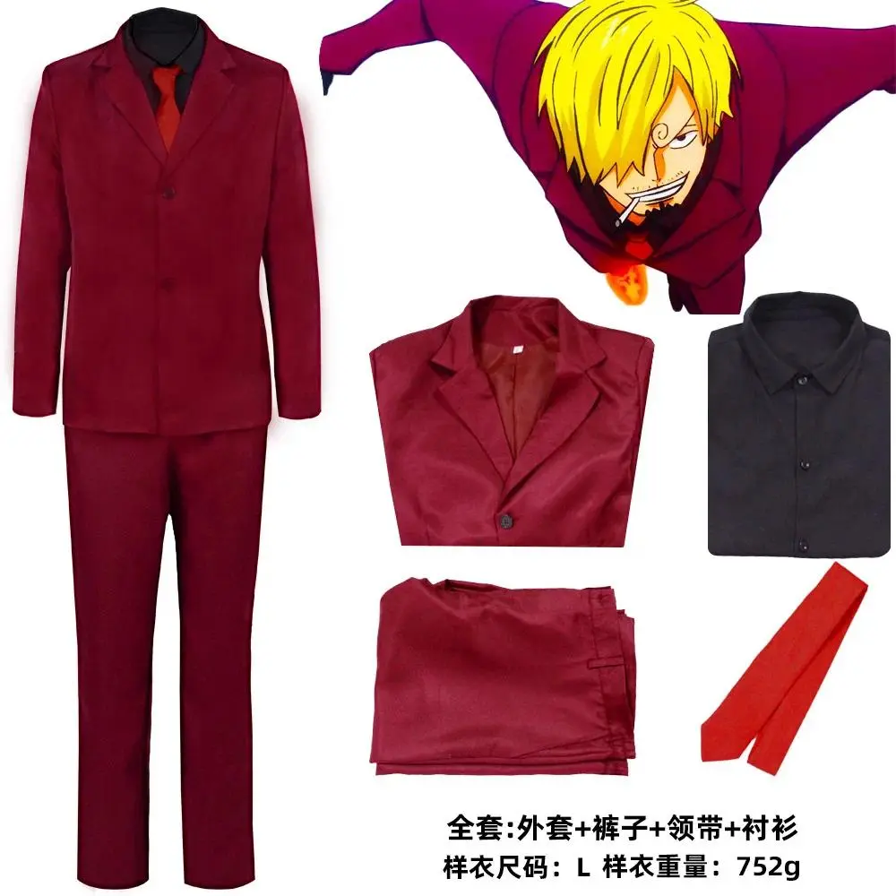1 Piece Sanji Cosplay Costume Men's Dark Red Suit Set Elegant Red Tie Anime Roleplay Outfit Halloween Party Attire