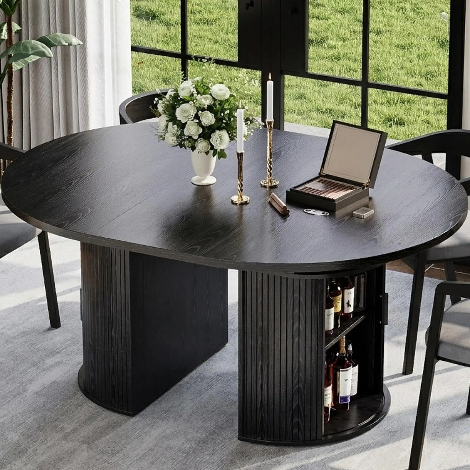 GARVEE 63" Extendable Round Dining Table, Expandable Kitchen Table for 4-6 | 47.5 to 63 Inch Oval Pedestal Dinner Table with 4-Tier Hidden Storage, Sliding Doors & Hollow Open Shelf, Matte Black