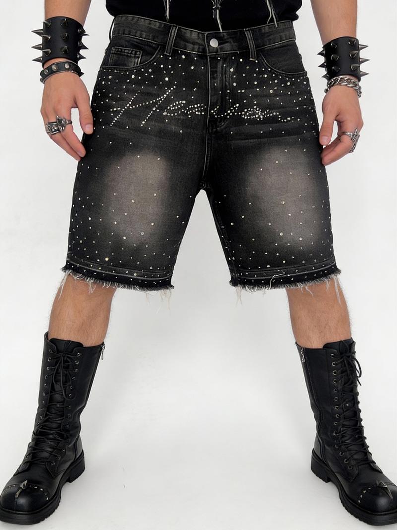 Men's shiny rhinestone-embellished denim shorts, black-gray washed denim five-point shorts, decorated with full silver rhinestones, straight-leg frayed design balances personality and versatility, Y2K street fashion shorts