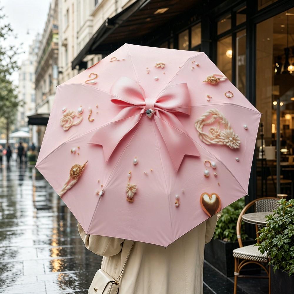 Bow Pearl Heart Folding Umbrella, Automatic Open, Iron Frame, Portable, Suitable for All Seasons, Travel, Office, Formal Events, Portable Outdoor Umbrella