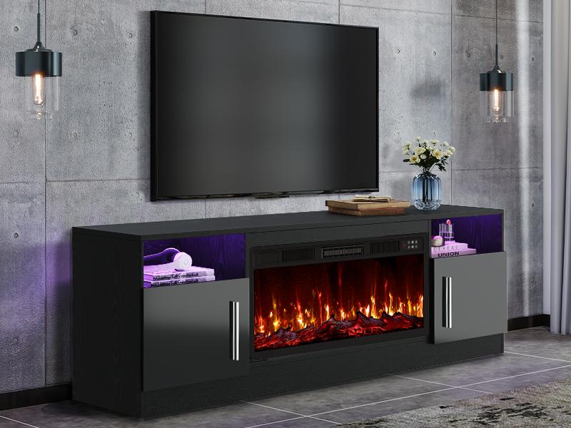 【2 Packages Shipping】PUKAMI Fireplace tv Stand with 36 inch Fireplace Up to 80" TVs,LED Light Entertainment Center and Storage, 70" Modern Wood Media TV Console with Highlight Cabinet for Living Room