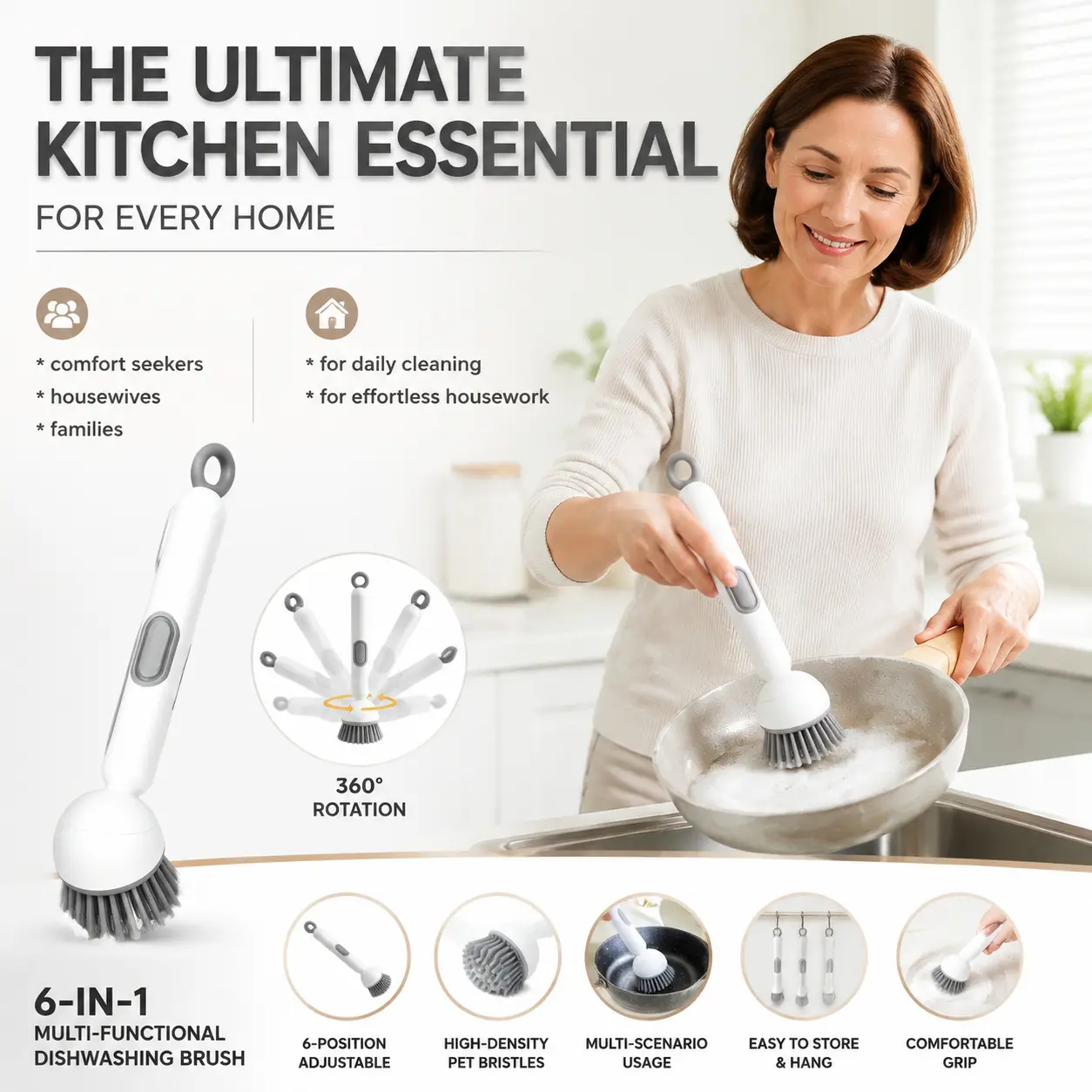 6 in 1 dishwashing brush, adjustable angle, rotatable scrubbing function, wall hanging; with scouring cloth, suitable for sinks, pots and pans, kitchen cleaning