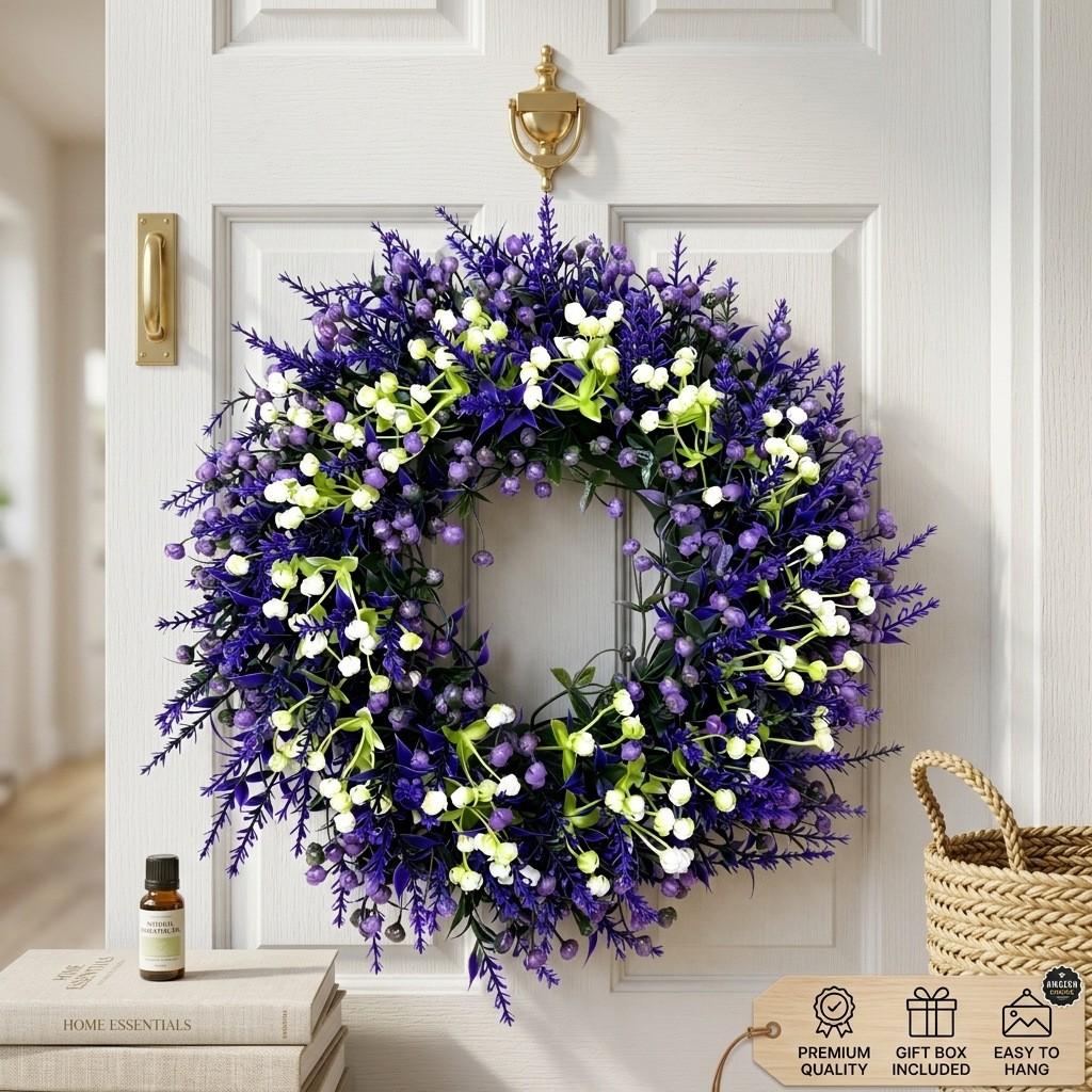 Lavender Starburst Artificial Flower Wreath Floral Hanging Decor, Decorative Flowers, Front Door Decoration, Home Wedding Outdoor Event Decor, Battery-Free, Elegant Design