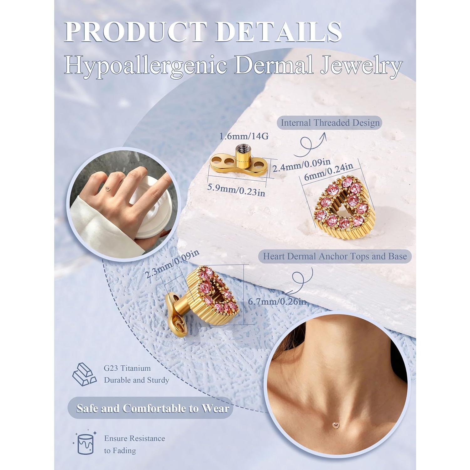 2 count 14G Titanium Heart Dermal  Tops and Base for Women Men | G23 Titanium  CZ Dermal Anchor Tops and Base,     Dermal , Microdermals Internally Threaded Stud
