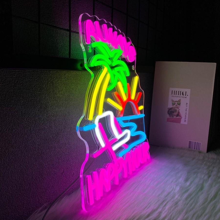 Always Happy Hour Neon Sign, Beach Neon Signs for Wall Decor, Palm Tree Led Light Up Signs for Bedroom Bar Club Pub Man Cave Restaurant Party Decorations