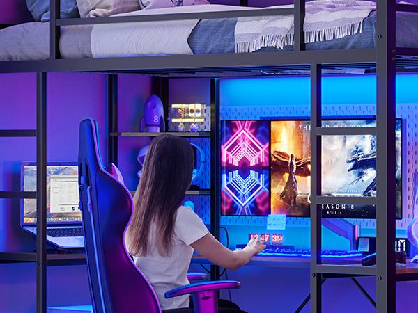 Hasuit Twin Size Loft Bed with Desk U-Shaped | Heavy Duty Metal Frame & Built-in Charging Station | RGB APP-Controlled LED Lights, Safety Guardrails + Open Shelves | No Box Spring Needed Easy Diy Assembly