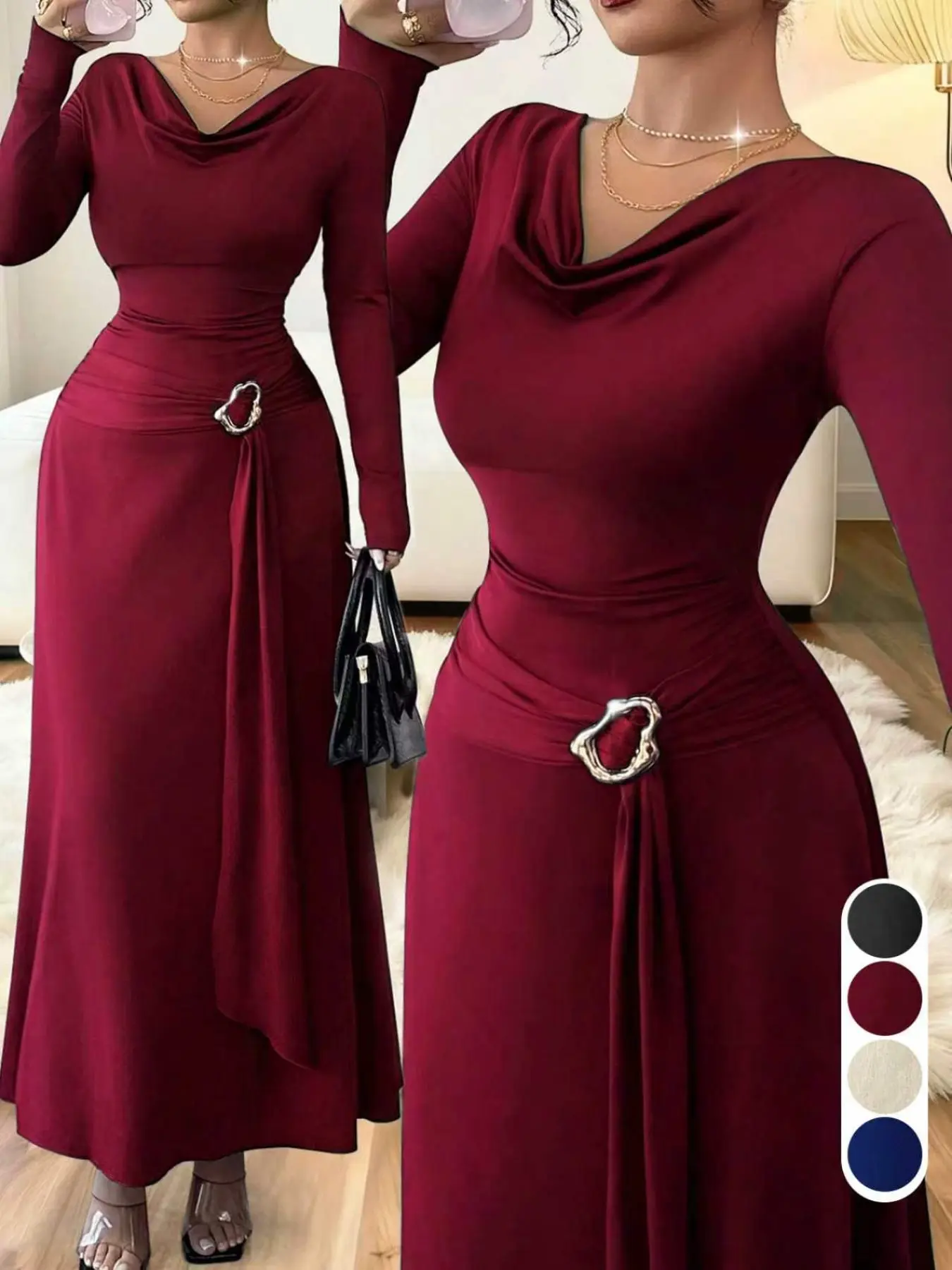 Draped Cowl Neck Long Sleeve Midi Dress Women Metal Buckle Sash Ruched Waist Bodycon Flowy Elegance Formal Party Wedding Guest Dress