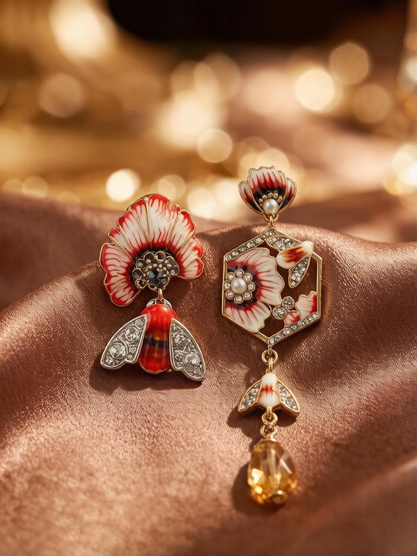 A pair of fashionable enamel floral and bee-shaped earrings with yellow crystal pendants, suitable for both daily commuting and vacation dates, and also a delightful and exquisite small gift.