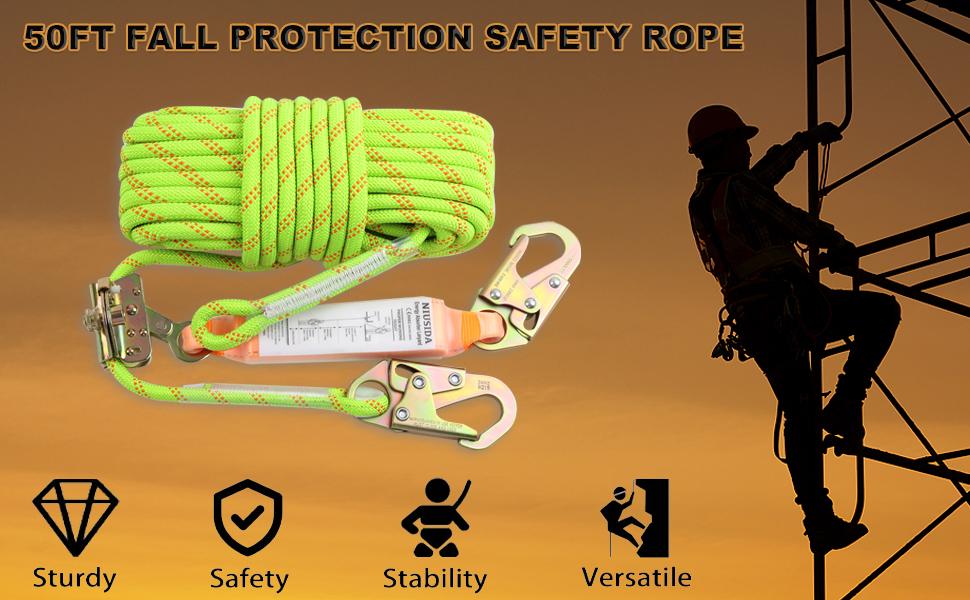 25FT Length Polyester Fall Arrest Safety Rope Harness Lanyard Kit, Adjustable Safety Gear with Grab Snap, Shock Absorber for Vertical Roofing, Tree Climbing