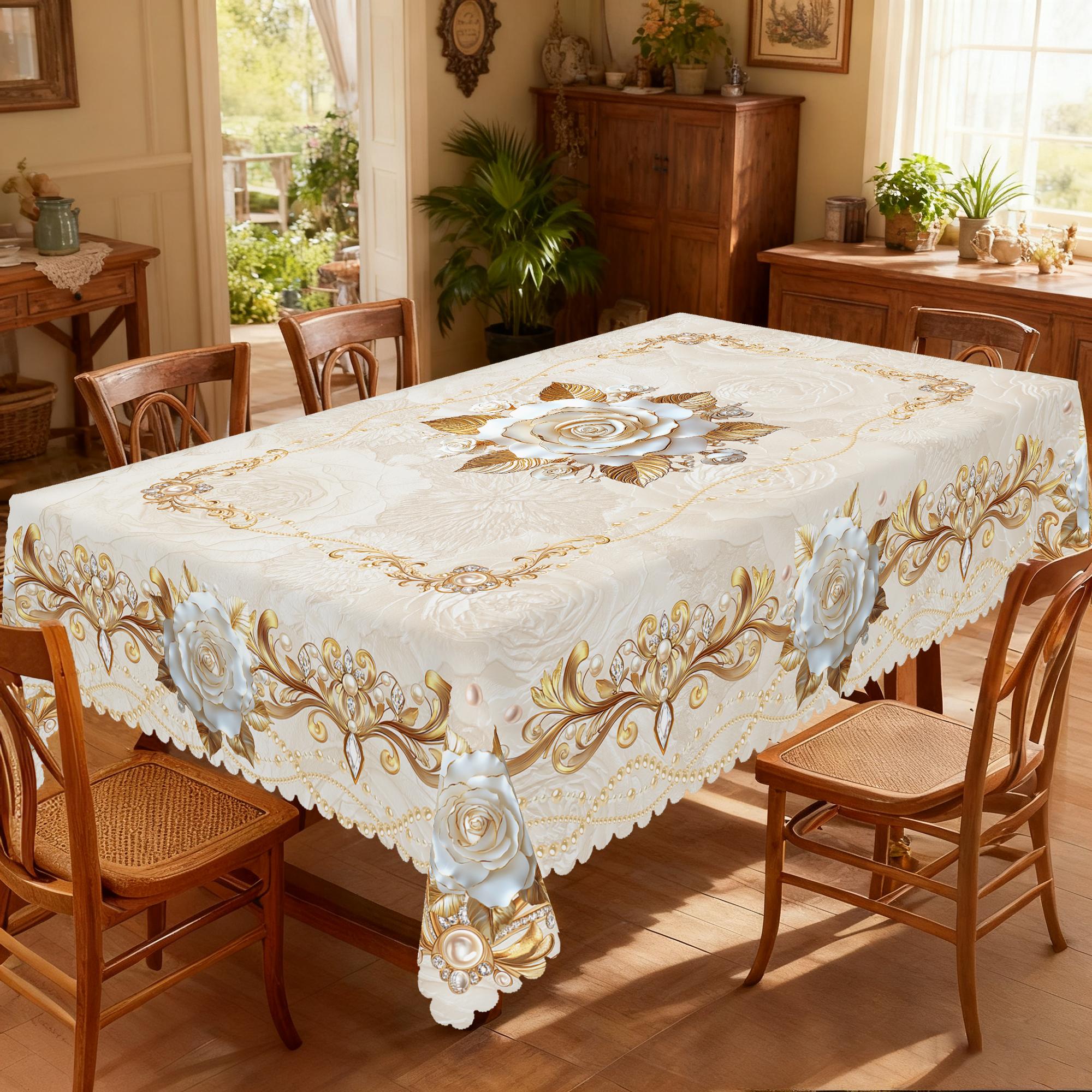 PUFMATE Floral Tablecloth, French Elegant Floral Print Tablecloth, Rectangle Round Multiple Sizes Table, New Year Party Decor, Outdoor Gardens, Festive Gatherings, Valentine's Day, Restaurant Banquet Decorations, Family kitchen Room Decorating