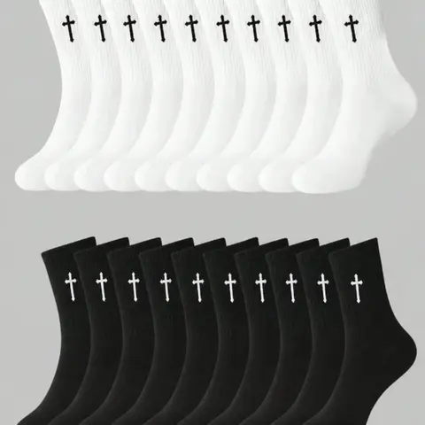 Men's Street Style Cross Pattern Crew Socks, Soft, Breathable Moisture-Wicking Fabric, All-Season Socks, Ideal for Outdoor Activities & Daily Wear, 5/10/20 Pairs Pack